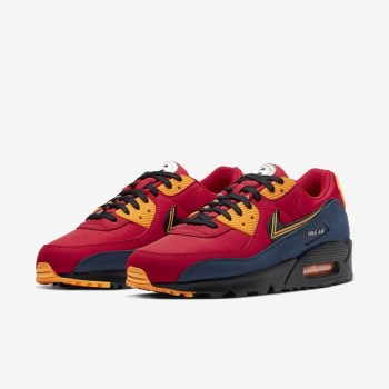 Nike Air Max 90 Premium - Férfi Utcai Cipő - Piros/Arany/Sötétkék/Fekete